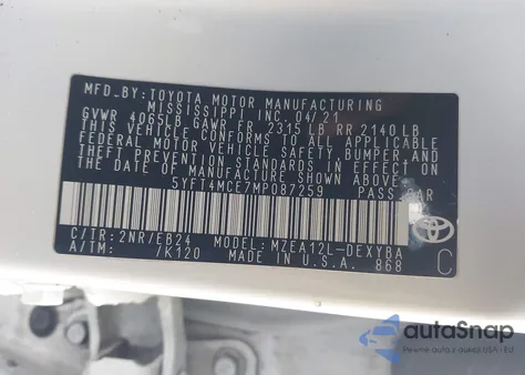 2021 Toyota Corolla Xse Apex Edition из США, поврежденный, VIN 5YFT4MCE7MP087259